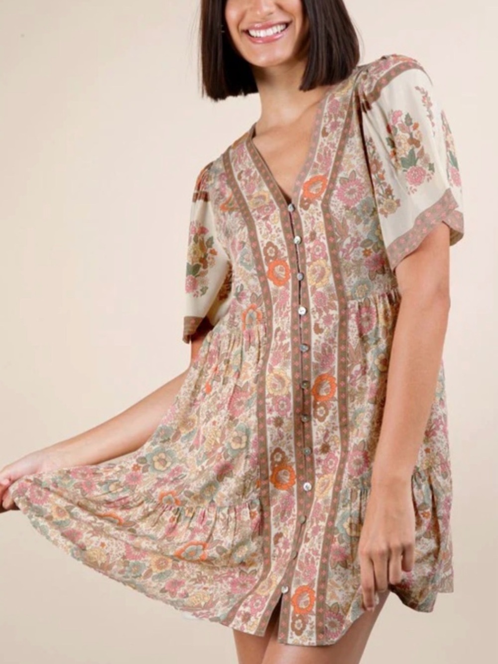 NWT New In Floral Detail Printed Woven Mini Dress Boho Cottagecore Size M
